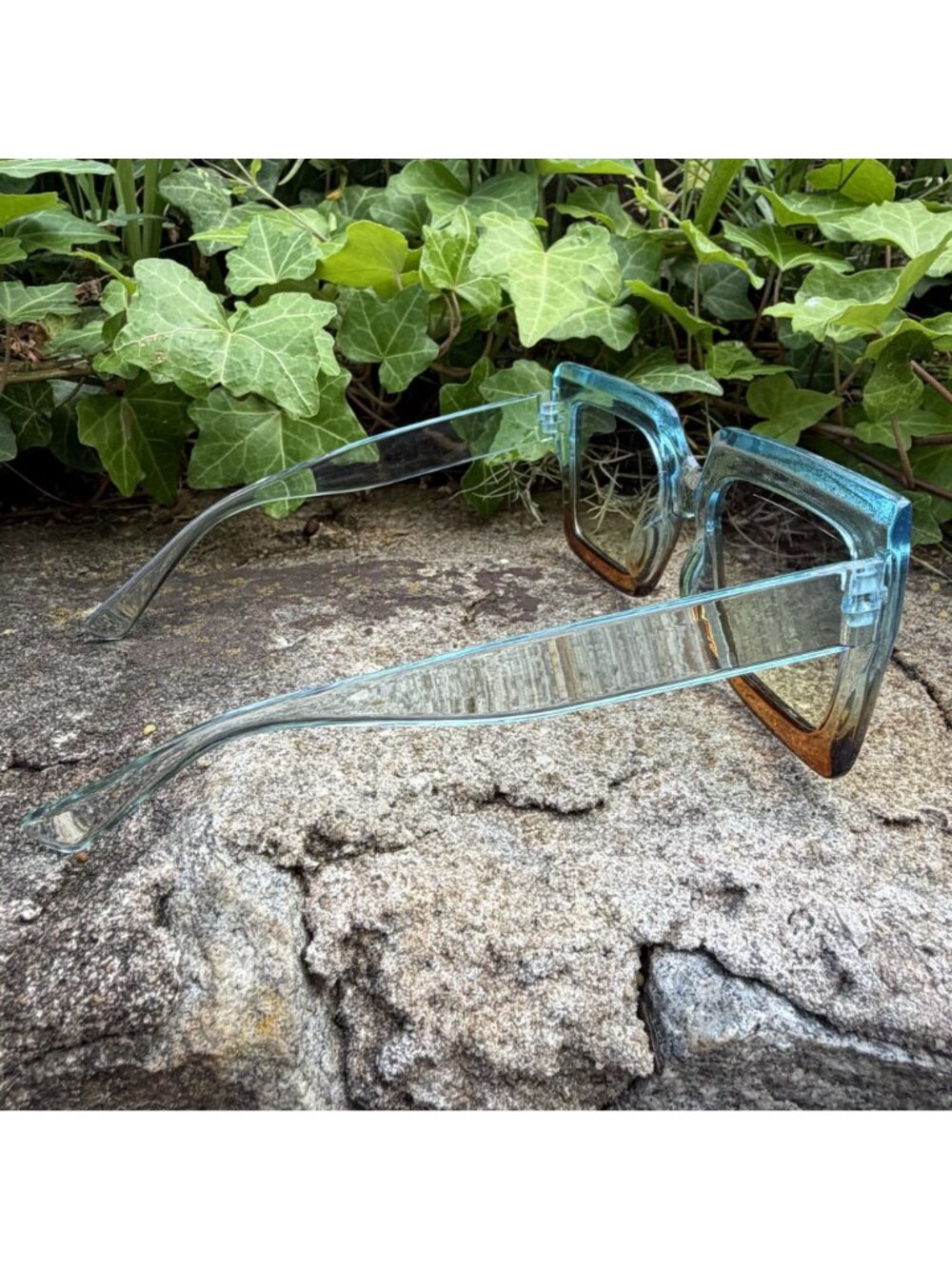 Oversized Square Gradient Sunglasses Blue Amber Ombre Retro Festival Sunnies - Picture 9 of 16